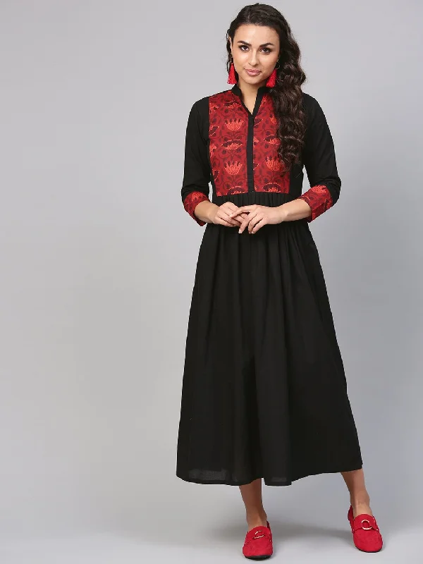 Women's Solid Black Maxi Dress With Printed Front Yoke & Madarin Collar - Nayo Clothing