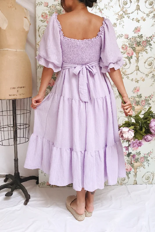 Abra Lavender | Tiered Midi Dress w/ Puffy Sleeves