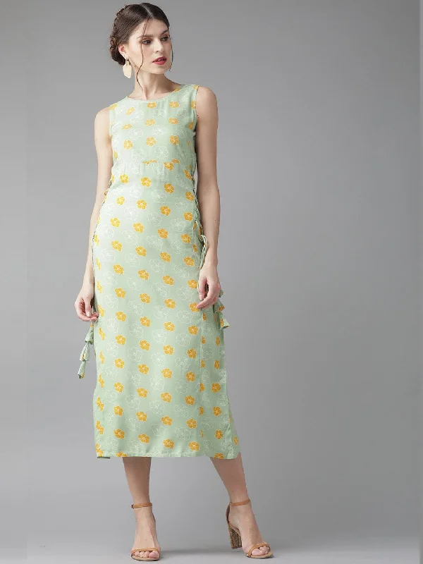 Women's  Green & Mustard Yellow Printed A-Line Dress - AKS