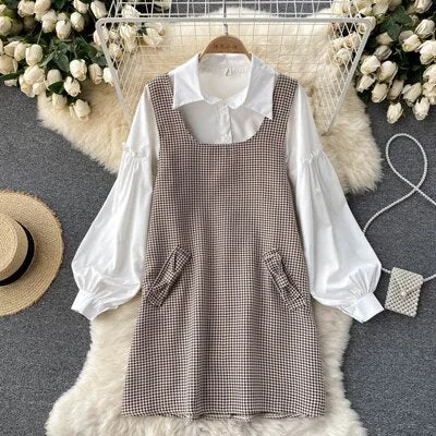 Sixsr Autumn Elegant 2 Piece Set Overalls Dress Women Lapel White Lantern Sleeve Ruffle Shirt Top +Bow Houndstooth Vest Dress New