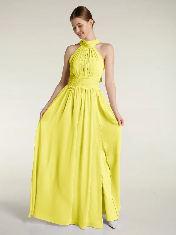 High Neck Full Length Dresses with Slit Lemon