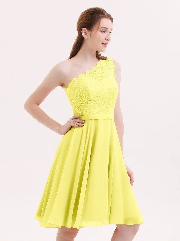 One Shoulder Short Lace Bridesmaid Dress Lemon