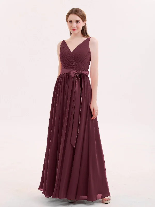 V Neck Chiffon Bridesmaid Dress with Satin Sash Bow-Cabernet