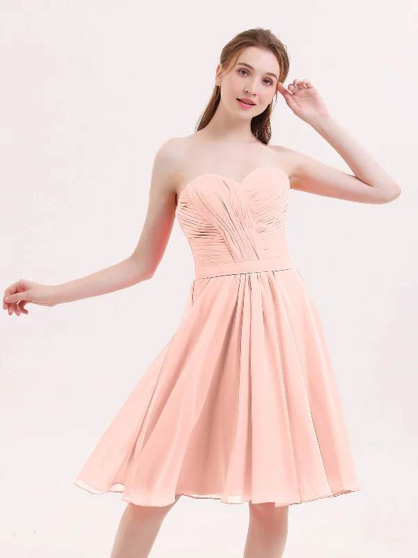 Sweetheart Neck Knee Length Chiffon Bridesmaid Gown-Coral