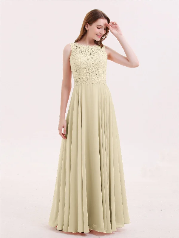 Lace Bodice Chiffon Skirt Long Dress-Champagne