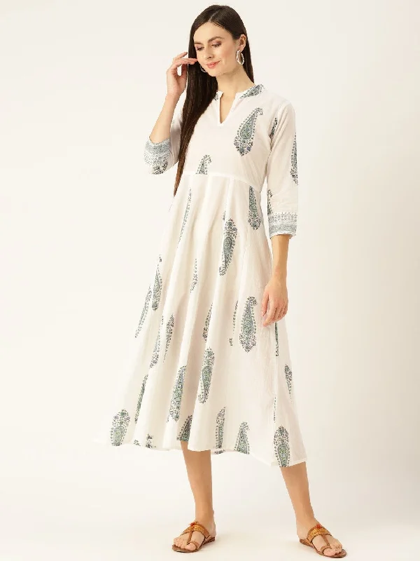 Women's White Floral Printed Mandarin Collar Cotton Maxi Dress - Nayo Clothing