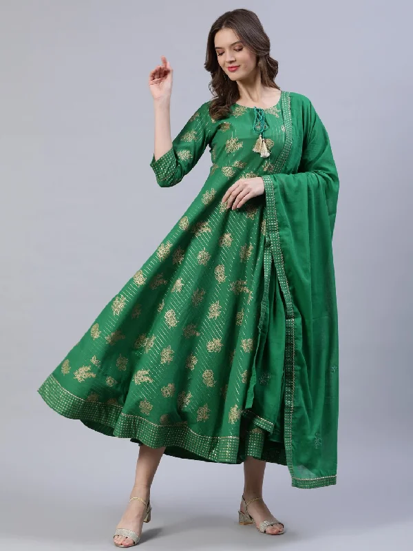 Women's Green Floral Printed Dress With Dupatta - Nayo Clothing