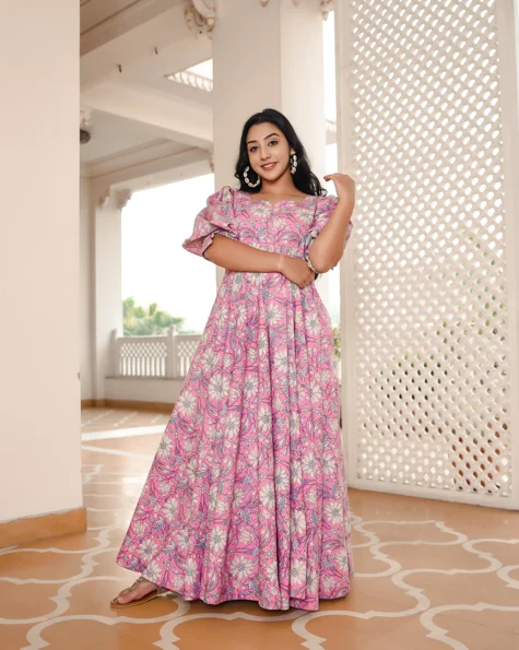 Women's Bubblegum Pink Floral Dress - Indian Virasat