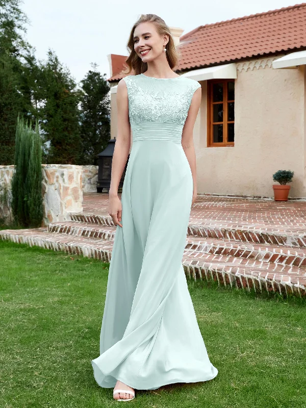 Chiffon And Lace Floor-length A-line Dress Mist