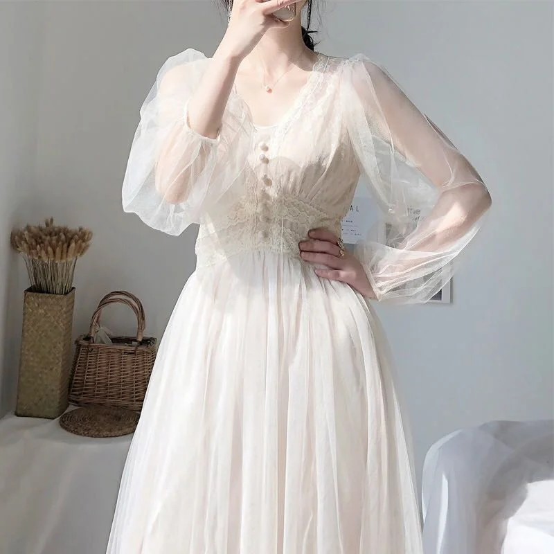 Fall Brand New Women Dress V-neck Puff Sleeve Mesh Midi Dress Plus Size Fairy Tulle Lace Dress Elegant Long Dress Vestidos