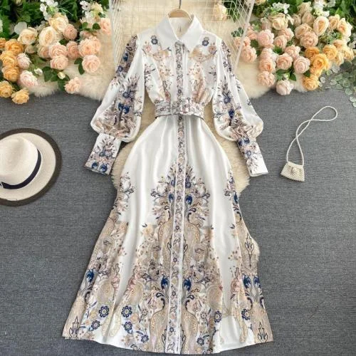 Sixsr Fitaylor New Spring Autumn Women Vintage Notched Collar Puff Sleeve Long Dress Single Breasted Floral Print Dress with Belt