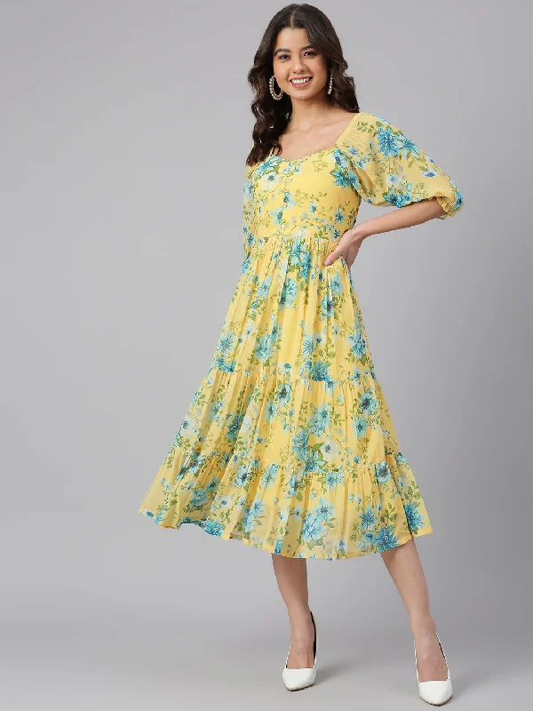 Women's Floral Printed Yellow Georgette Dress - Janasya