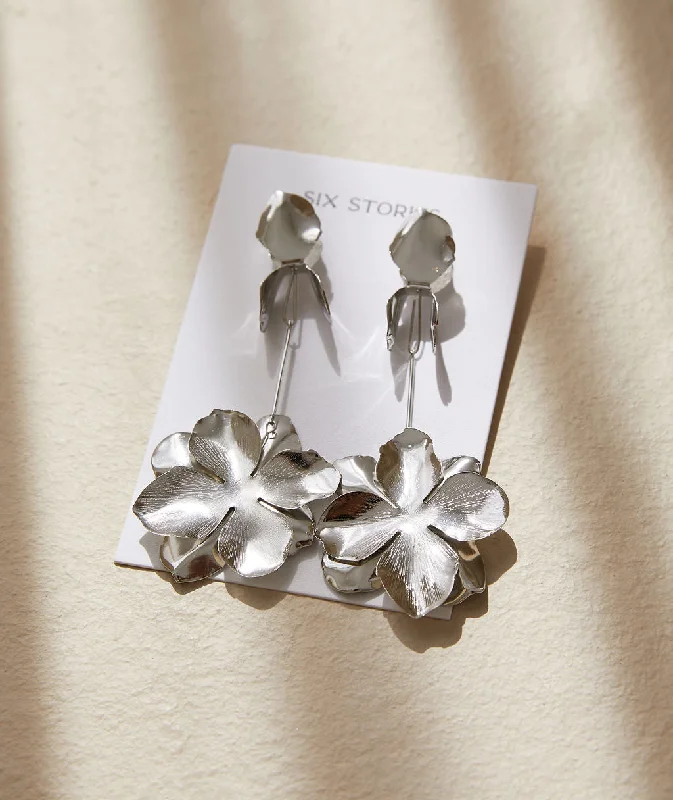 Flower Pendant Earrings - Silver