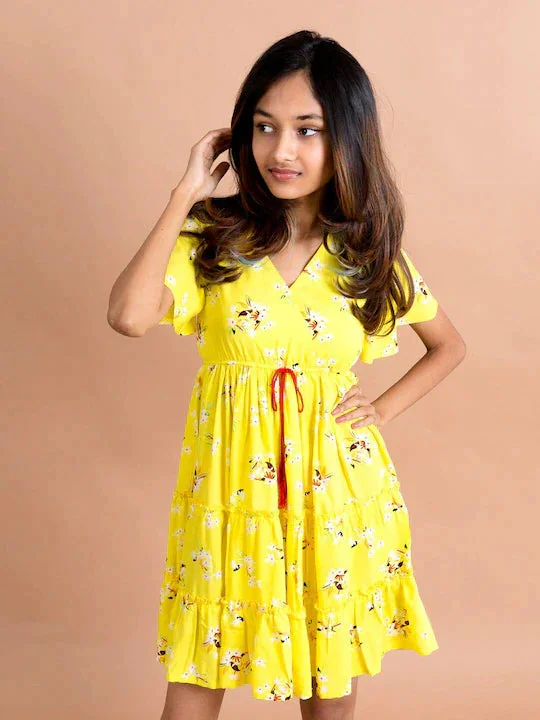 Girls Yellow White Floral Printed Mini Dress - Ps Peaches