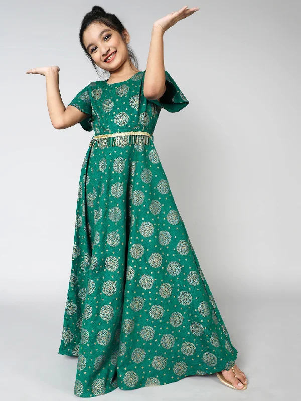 Rayon Ethnic Motifs Printed Maxi Fit And Flare Dress For Girls - Aks Girls