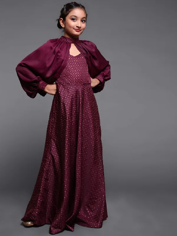 Girl's Burgundy Gold Printed Flared Dress With Cape Sleeve - Aks Girls