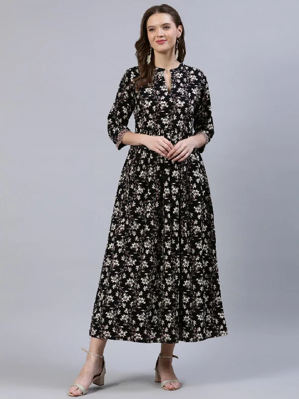 Women's Black Floral Printed Dress With Three Quarter Sleeves - Nayo Clothing