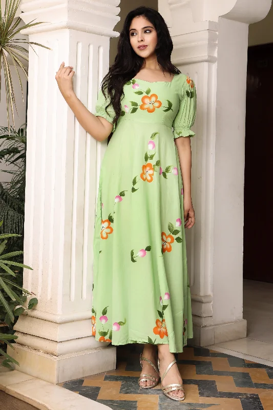 Women's Mint Green Hand Painted Flared Cotton Dress - Hatheli