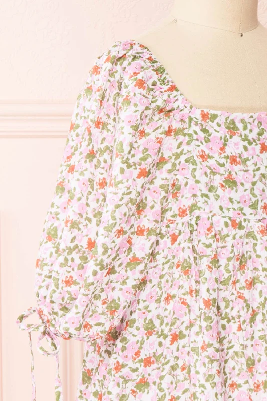 Kalla Mini | Pink 3/4 Puffy Sleeve Short Floral Dress