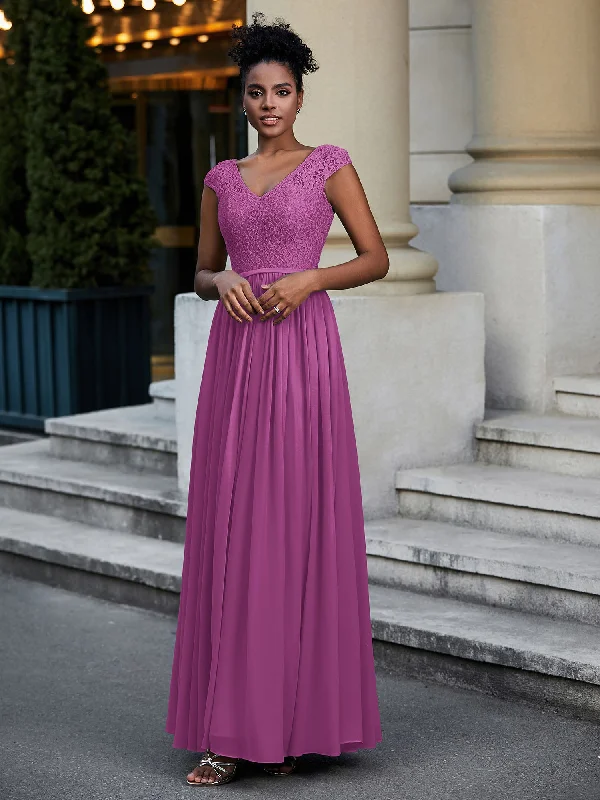 Lace and Chiffon Maxi Dress with Cap Sleeves-Orchid