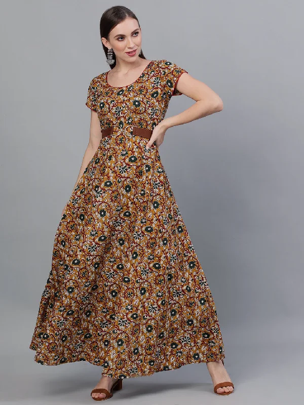 Women's Mustard Floral Print Flared Maxi Dress - Aks