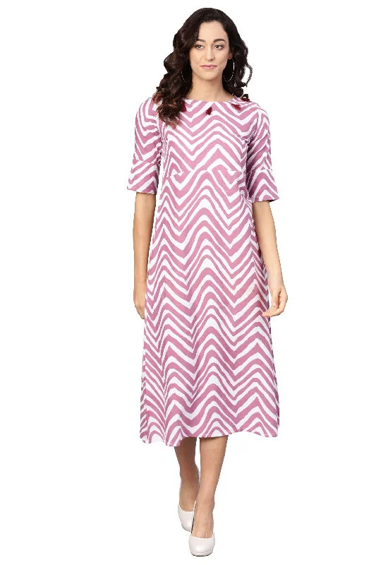 Women's Pink Cotton Solid Half Sleeve Round Neck Dress - Myshka