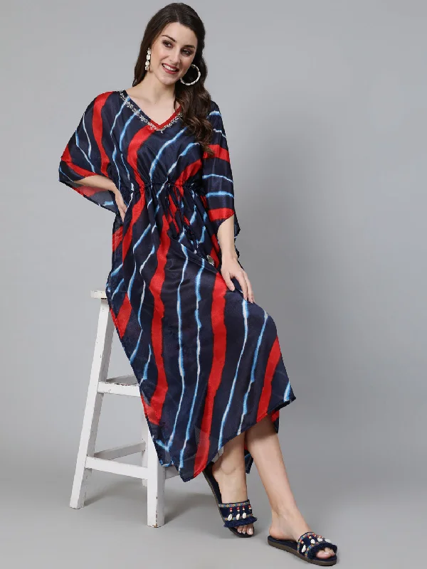 Women's Navy Blue Striped A-Line Dress - Aks