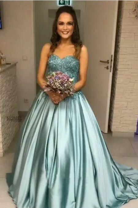 Princess Blue Beaded Sweetheart Strapless Ball Gown Long Prom Dress OK994