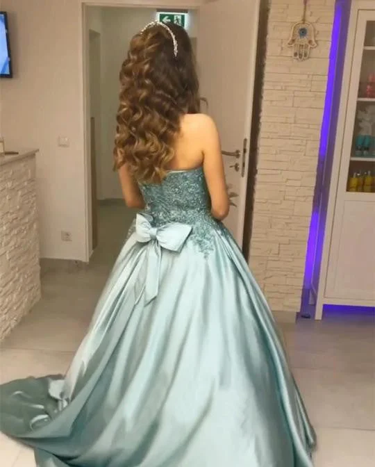 Princess Blue Beaded Sweetheart Strapless Ball Gown Long Prom Dress OK994