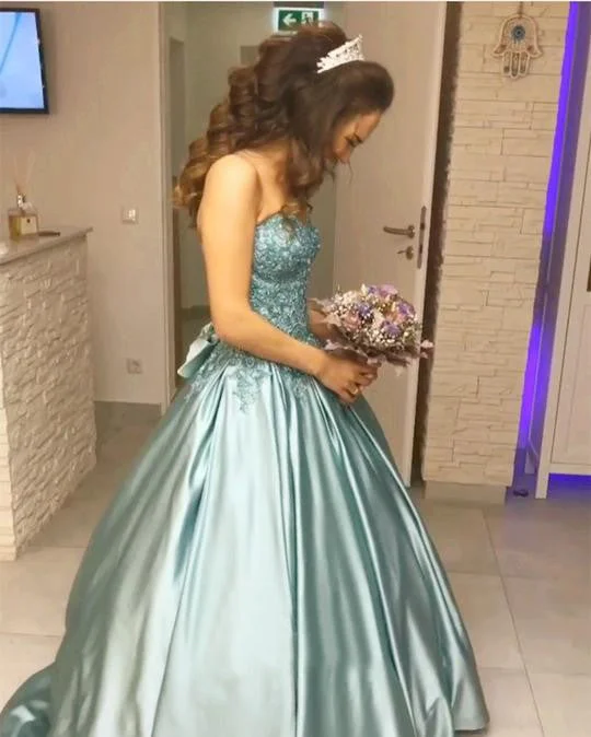 Princess Blue Beaded Sweetheart Strapless Ball Gown Long Prom Dress OK994