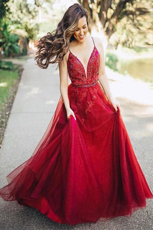 Red Tulle A Line V Neck Spaghetti Straps Appliques Long Prom Dresses OK962