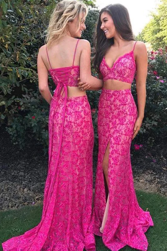 Sexy Two Piece Mermaid Spaghetti Straps Fuchsia Lace Split Prom Dresses OK735