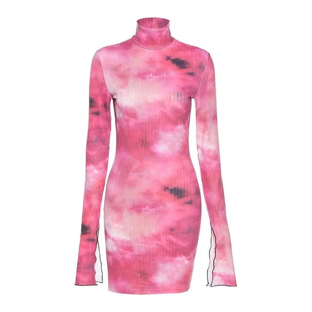 Sixsr Tie Dye Mock Neck Bodycon Dresses For Women Side Split Ribbed Long Sleeve Clubwear Midnight Outfit Party Mini Dress Hot