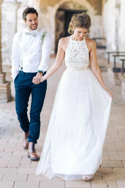 Simple White Lace A-line Elegant Floor Length Beach Wedding Dress K646