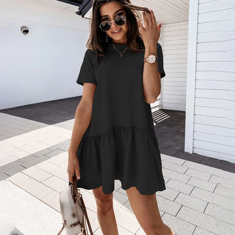 sixsr  Fashion Trends Loose Casual Short Sleeve Mini Dress Women Summer O-neck White Black Ruffles Big Hem Beach Dresses For Woman Femme Robe