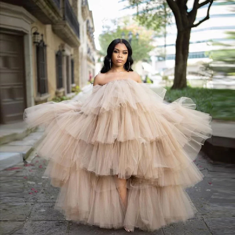 sixsr  Hot Sale Ruffled Tulle Dress Women Puffy Hi Low Party Night Dresses Tiered Sleeveless Long Tutu Skirt Chic Photo Shoot Dress