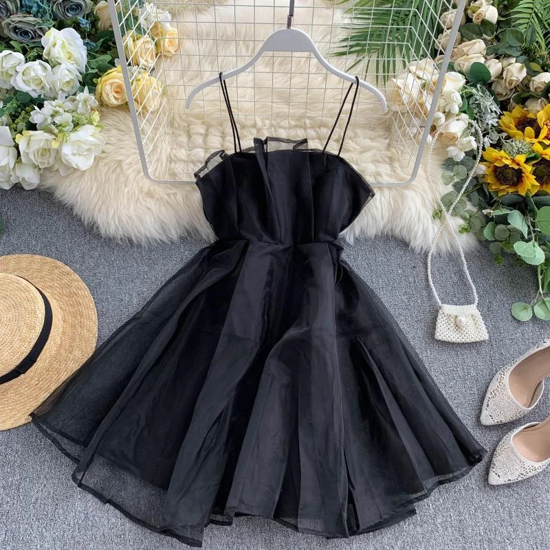 Sixsr  Spring Outfits Summer Spaghetti Strap High Waist Sleeveless Mini Chiffon Elegant Women Lady Female Dress