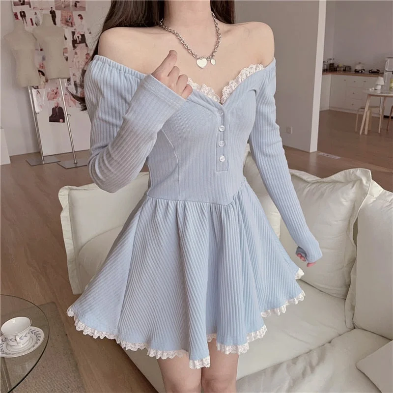 Sixsr Top quality Sweet Dresses for Women Summer Lace Trim V-Neck Long Sleeve A-line Mini Dress Lolita Style Y2k Fashion Kawaii Girls Outfits