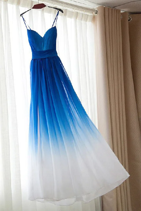 Royal Blue White Ombre Long Bridesmaid Dress,A-line Sweetheart Chiffon Prom Dress OK241