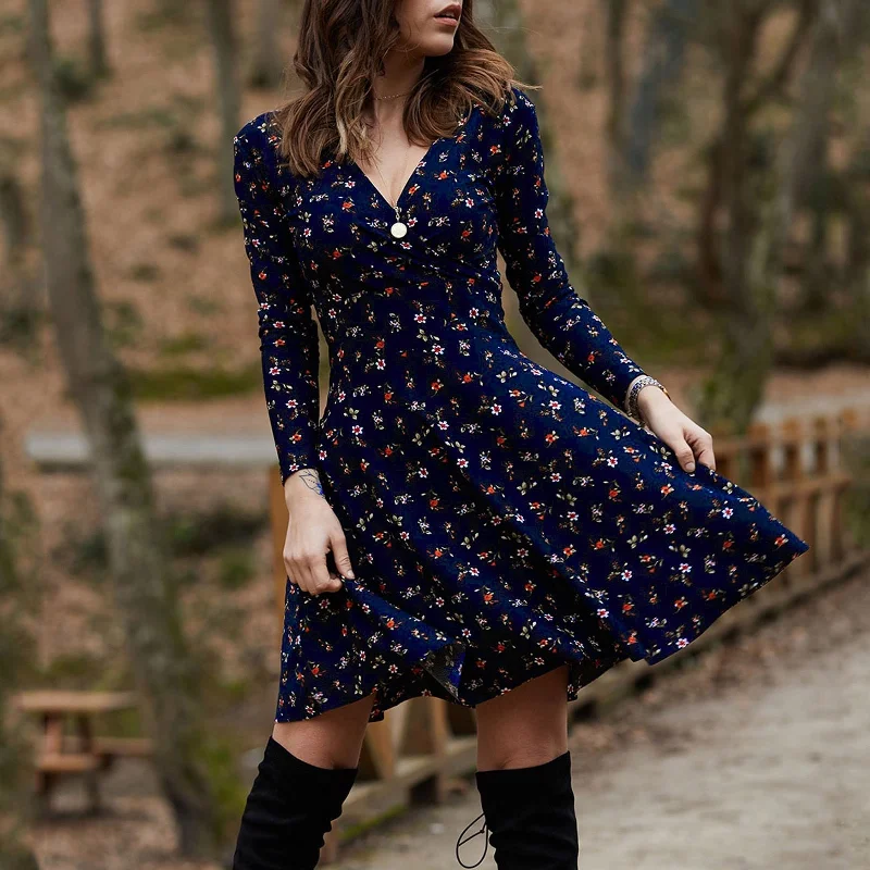 Sixsr Spring Summer Long Sleeve V Neck Flowers Print Boho Dress Women Elegant Vintage Floral Printed Casual  Green A-line Swing Dress