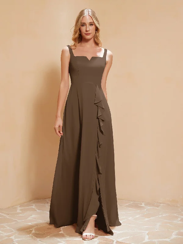 Square Neckline Ruffle Backless Chiffon A-line Dress Brown