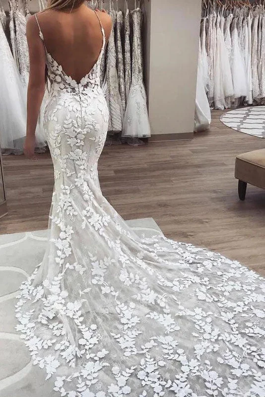 Stunning Mermaid Lace Spaghetti Straps Backless Wedding Dress OKV17