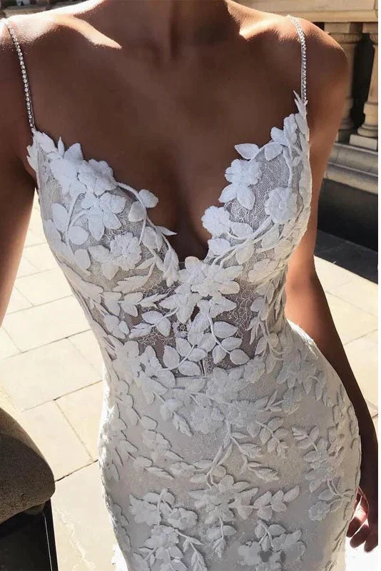 Stunning Mermaid Lace Spaghetti Straps Backless Wedding Dress OKV17