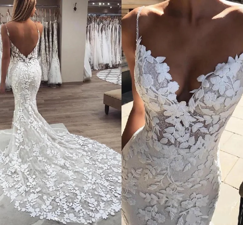 Stunning Mermaid Lace Spaghetti Straps Backless Wedding Dress OKV17