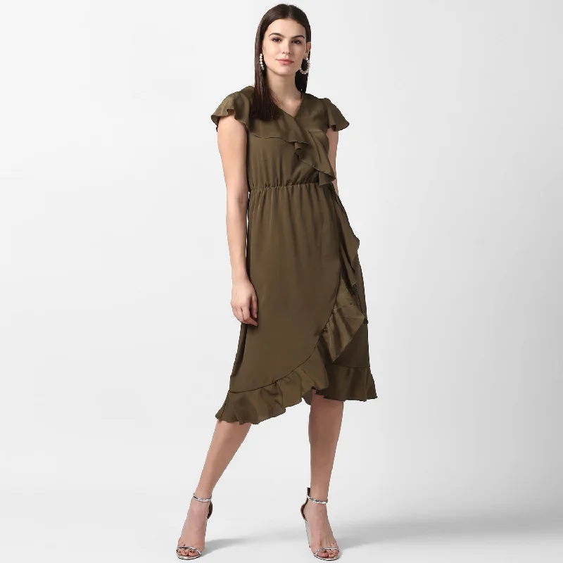 Women's Olive Front Ruffle Dress - StyleStone