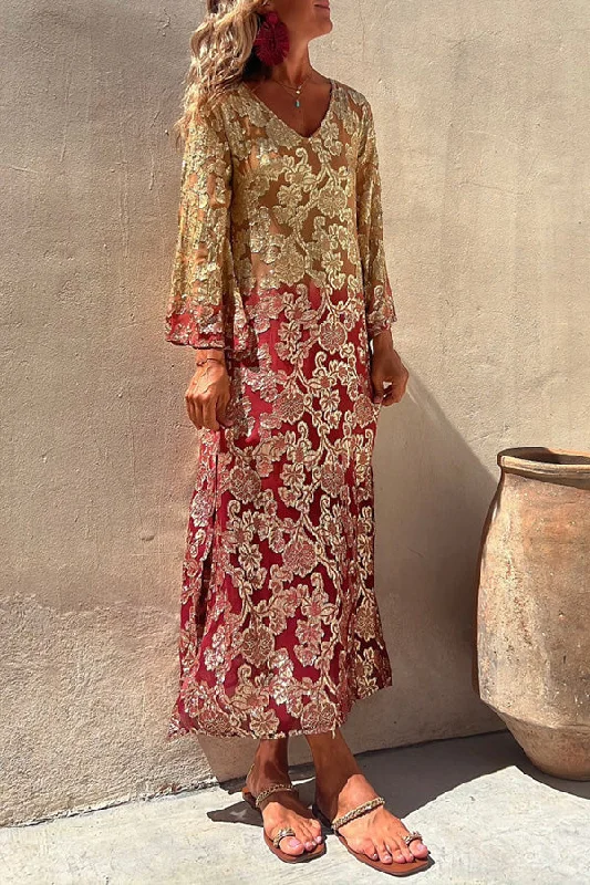 Summer Gold Floral Gradient Long Sleeve Dress