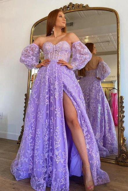 Sweetheart Lilac Long Evening Party Dress Embroidered Butterfly Detachable Sleeves Lavender Prom Dresses OK1977