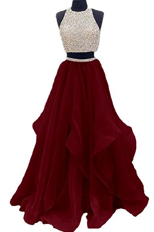 Two Piece Floor Length Burgundy Prom Dresses Beaded Open Back Evening Gown OK603