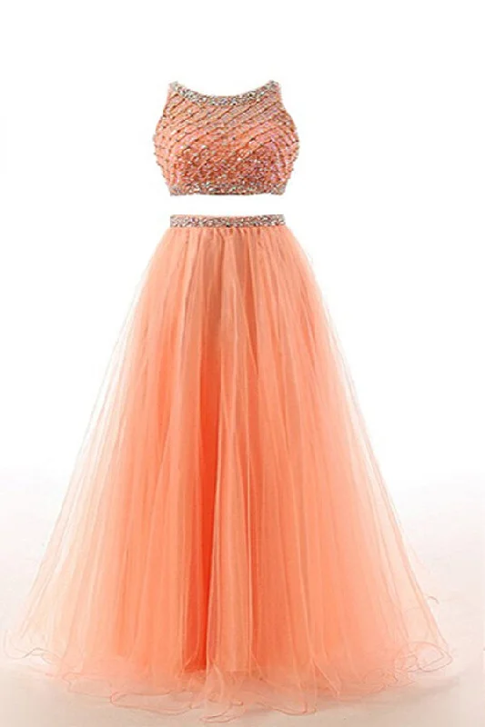 Two Pieces Orange Red Beaded Long Prom Graduation Dress ED0965