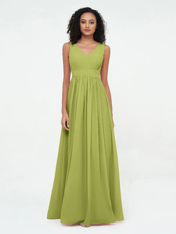 V neck Chiffon Long Dresses with Open Back Clover